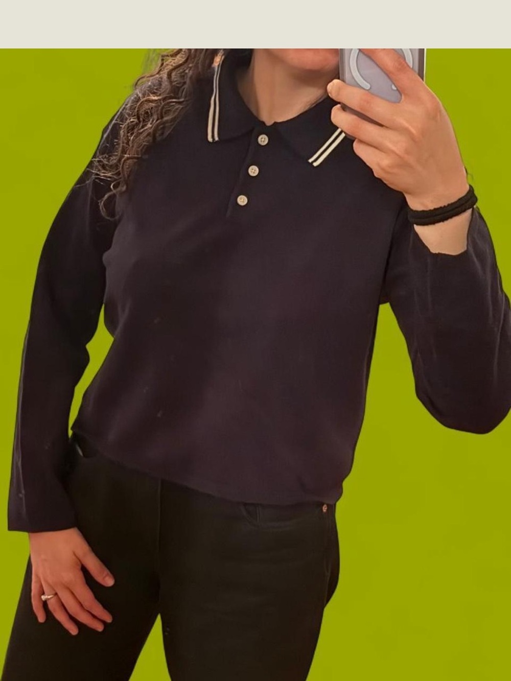 Classic Navy Long-Sleeve Polo Top with Striped Collar
